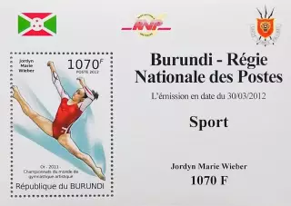 Люкс-блок. Бурунди 2012. Чемпионка мира Джордин Уибер. Спортивная гимнастика.