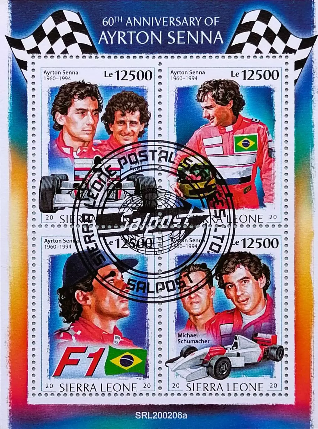 Малый лист. Сьерра-Леоне 2020. Ален Прост. Айртон Сенна. Михаэль Шумахер.