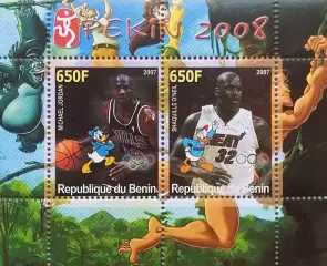 Малый лист. Бенин 2007. Баскетбол. Майкл Джордан. Шакил О’Нил.