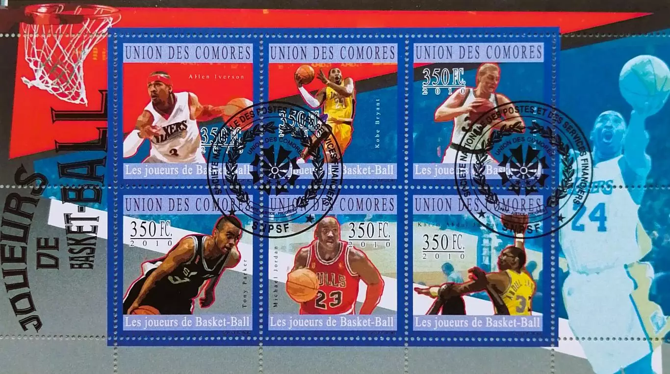 Малый лист. Коморы 2010. Мэджик Джонсон. Ларри Берд. Майкл Джордан.