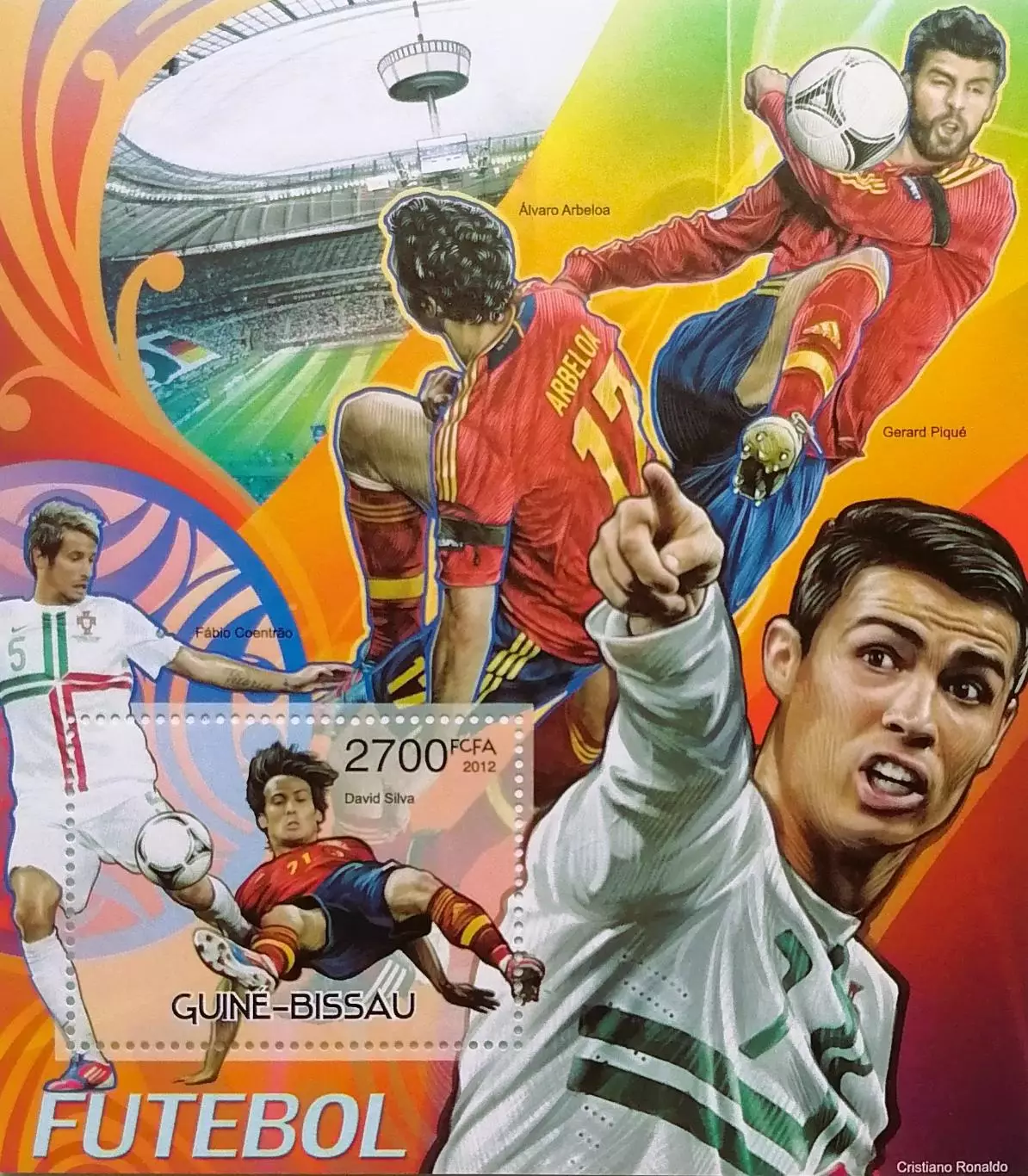 Блок. Гвинея-Бисау 2012. Жерар Пике, Давид Сильва, Криштиану Роналду.