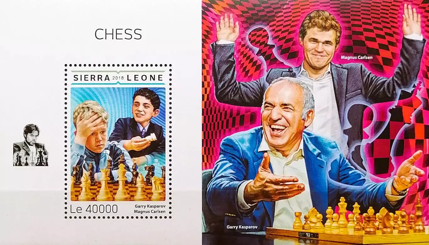 Блок. Сьерра-Леоне 2018. Шахматы. Гарри Каспаров, Магнус Карлсен.