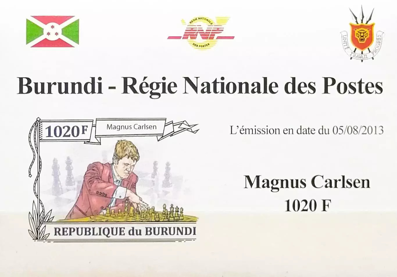 Люкс-блок б/з. Бурунди 2013. Шахматы. Магнус Карлсен. (1)