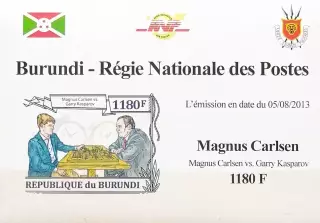 Люкс-блок б/з. Бурунди 2013. Шахматы. Магнус Карлсен. (2)