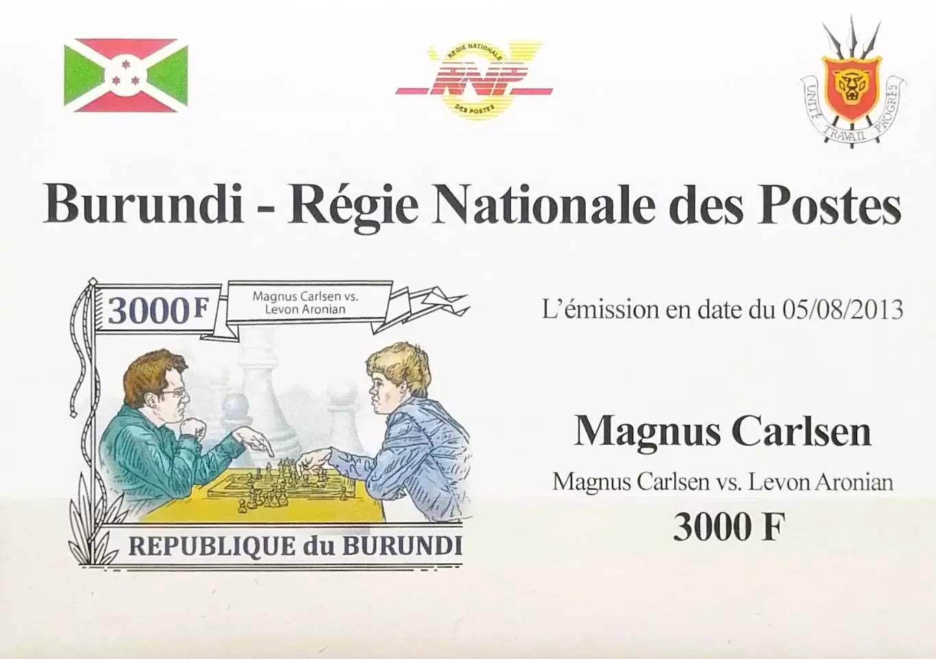 Люкс-блок б/з. Бурунди 2013. Шахматы. Магнус Карлсен. (3)