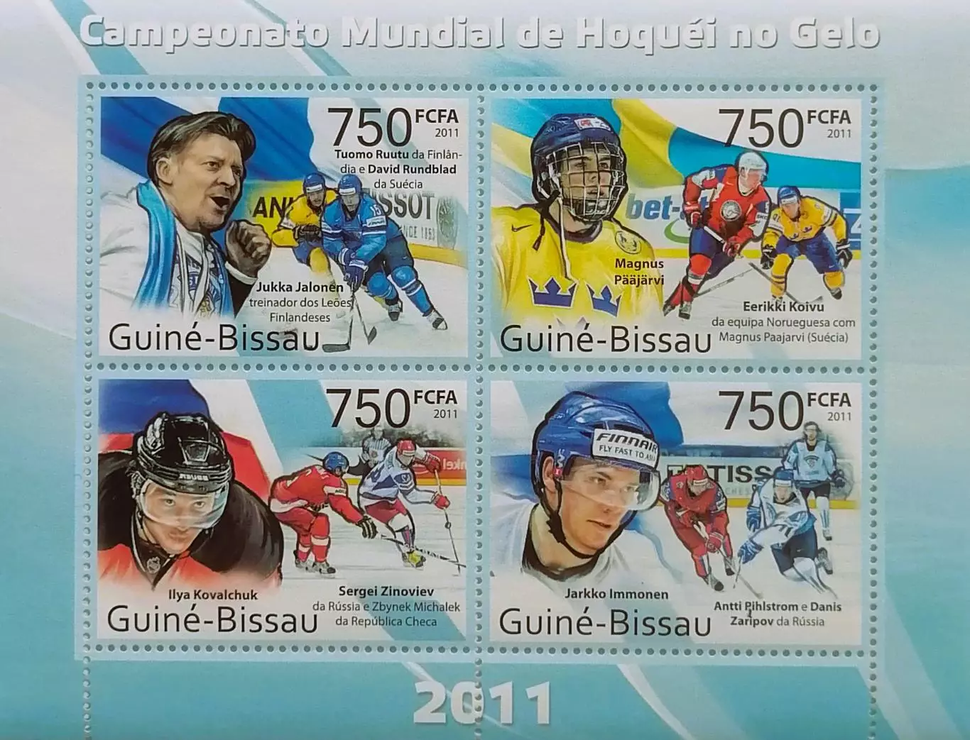 Малый лист. Гвинея-Бисау 2011. Хоккей с шайбой. Ковальчук, Зиновьев, Зарипов.