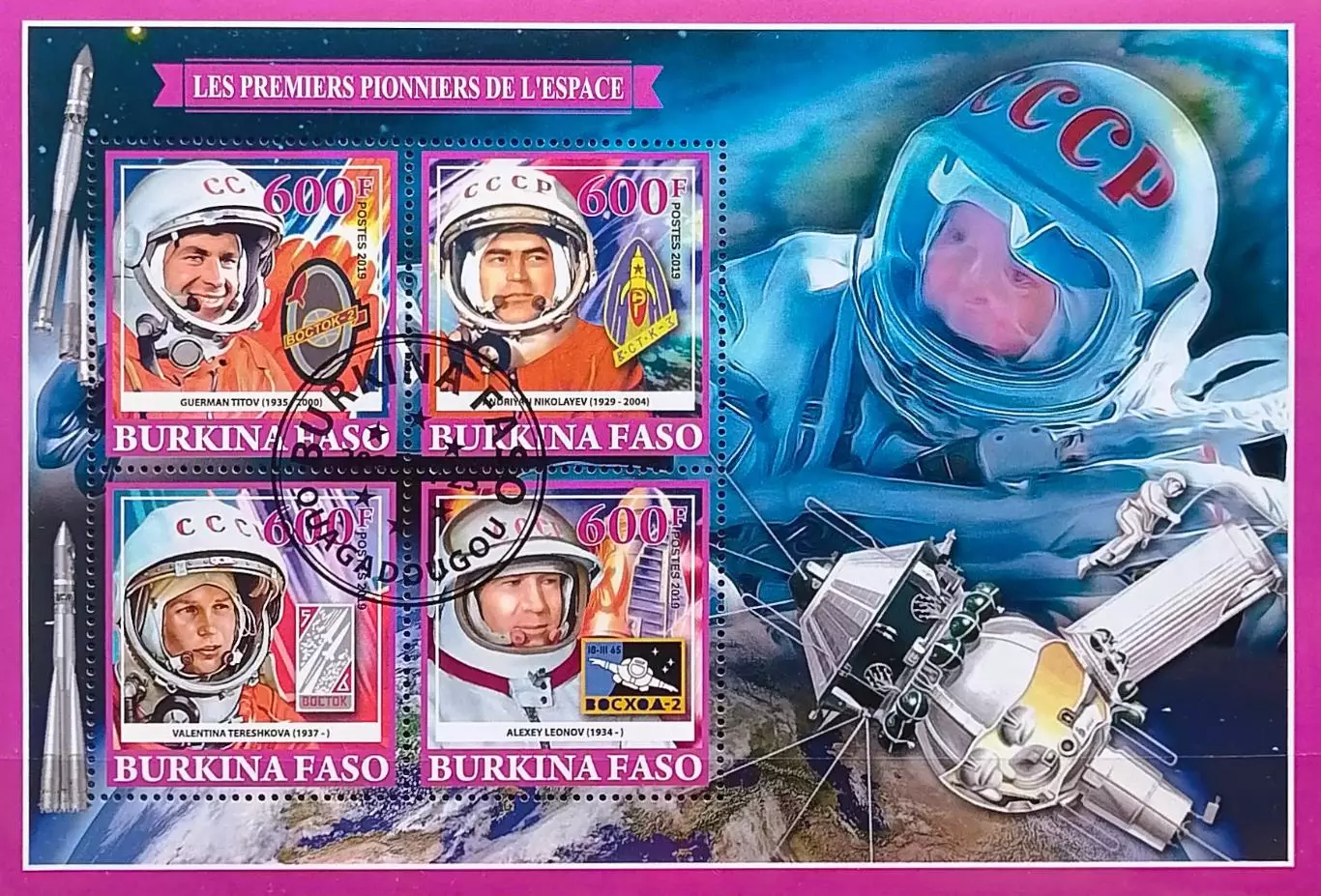 Малый лист. Буркина-Фасо 2019. Космос. Титов, А.Николаев, В Терешкова, А.Леонов.