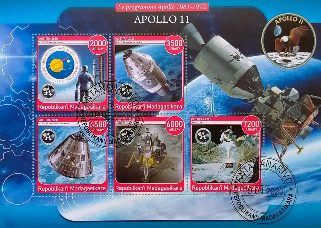 Малый лист. Мадагаскар 2020. Космос. Аполлон 11.