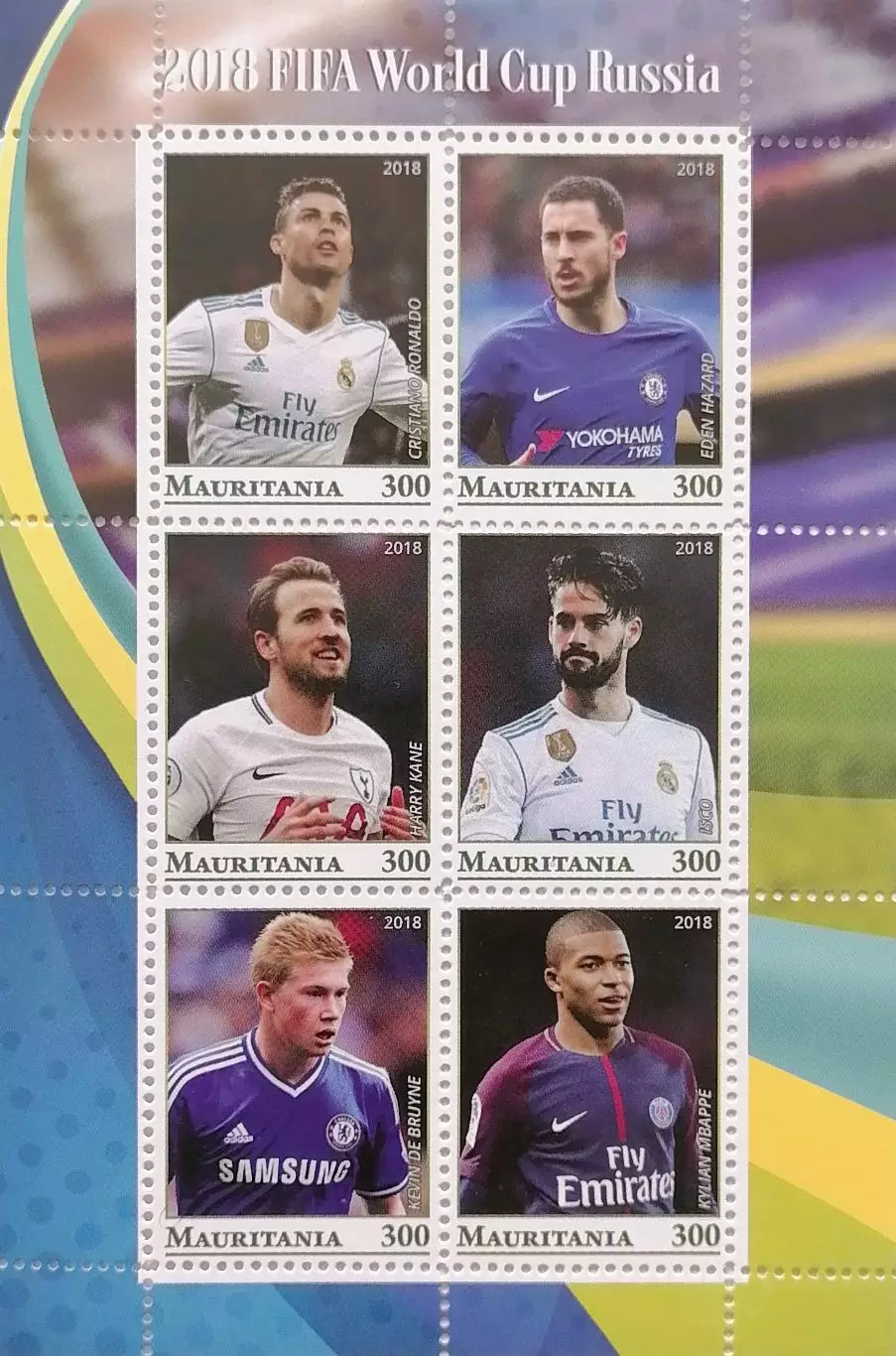 Малый лист. Мавритания 2018. Роналду. Азар. Кейн. Иско. Де Брейне. Мбаппе.
