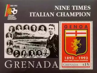 Блок. Гренада 1993. Футбол. 100 лет ФК Дженоа Италия.