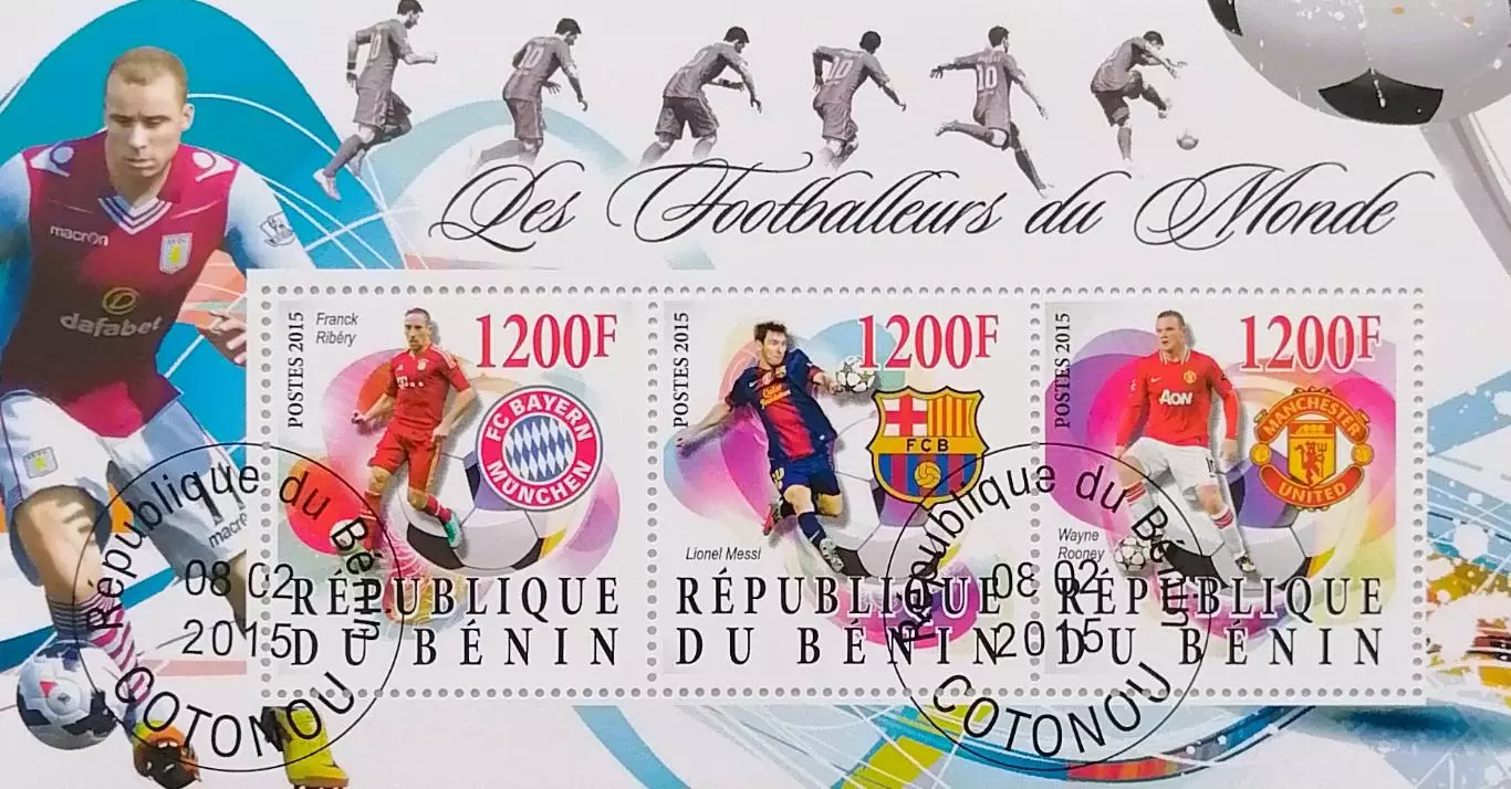 Малый лист. Бенин 2015. Футбол. Рибери. Месси. Руни.