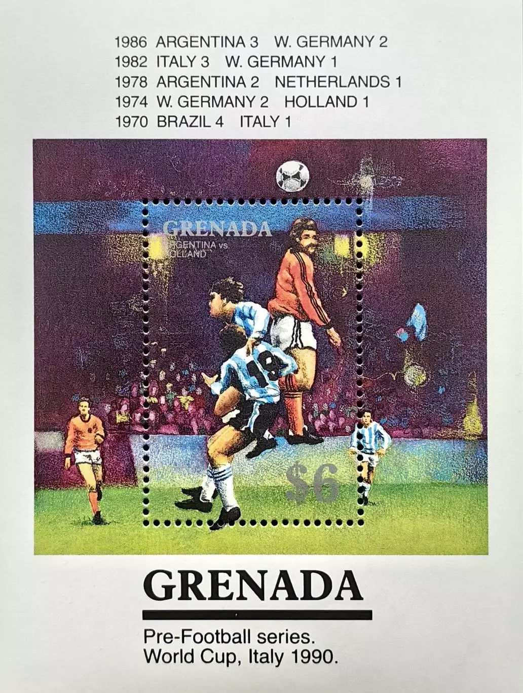 Блок. Гренада 1990. Чемпионат мира по футболу. Италия 1990. Финалы 1970-1986.
