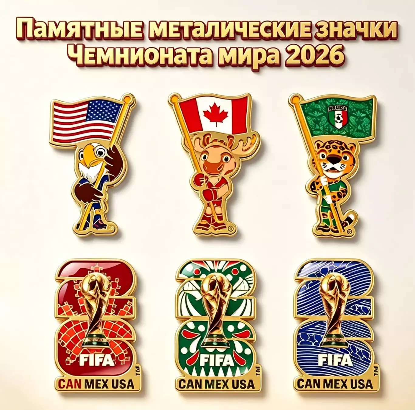 Набор значков. Эмблемы и талисманы чемпионата мира по футболу 2026. (6 штук).