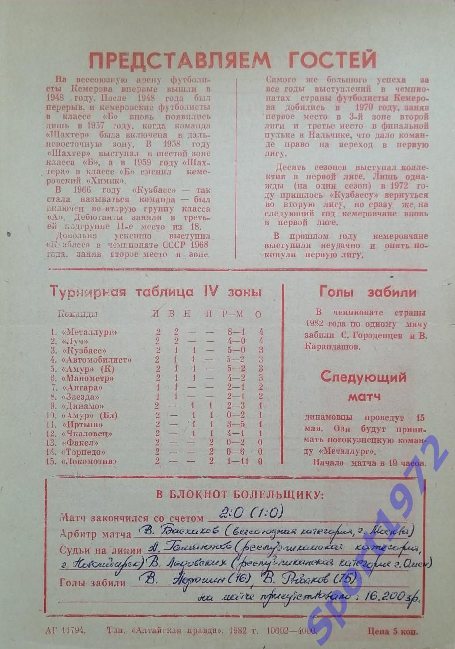 Динамо Барнаул - Кузбасс Кемерово - 12.05.1982. 1