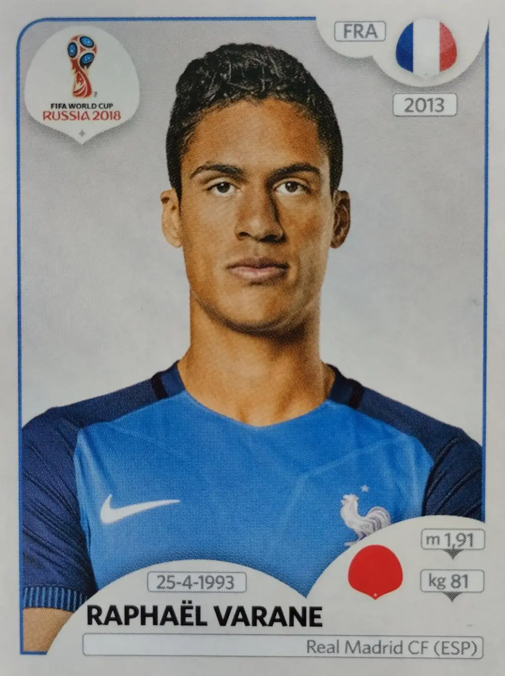 Наклейка. Чемпионат мира по футболу. 2018. №195. RAPHAEL VARANE.