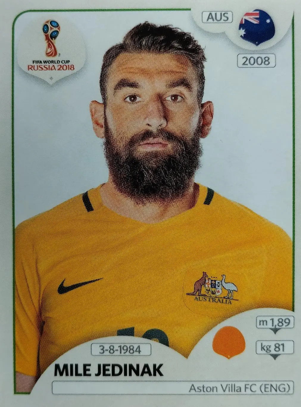 Наклейка. Чемпионат мира по футболу. 2018. №224. MILE JEDINAK.