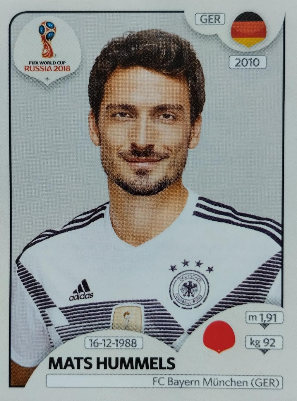 Наклейка. Чемпионат мира по футболу. 2018. №435. MATS HUMMELS.