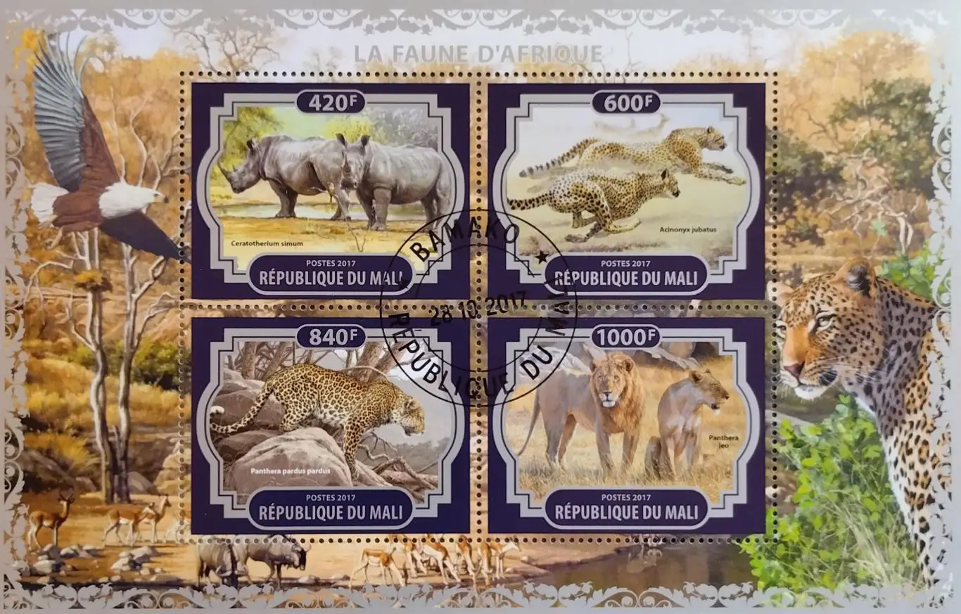 Мали. 2017. Фауна. Дикие животные. Носорог. Гепард. Леопард. Лев.