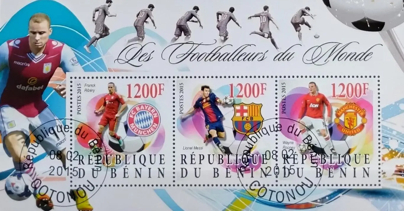 Малый лист. Бенин. 2015. Футбол. Рибери. Месси. Руни.