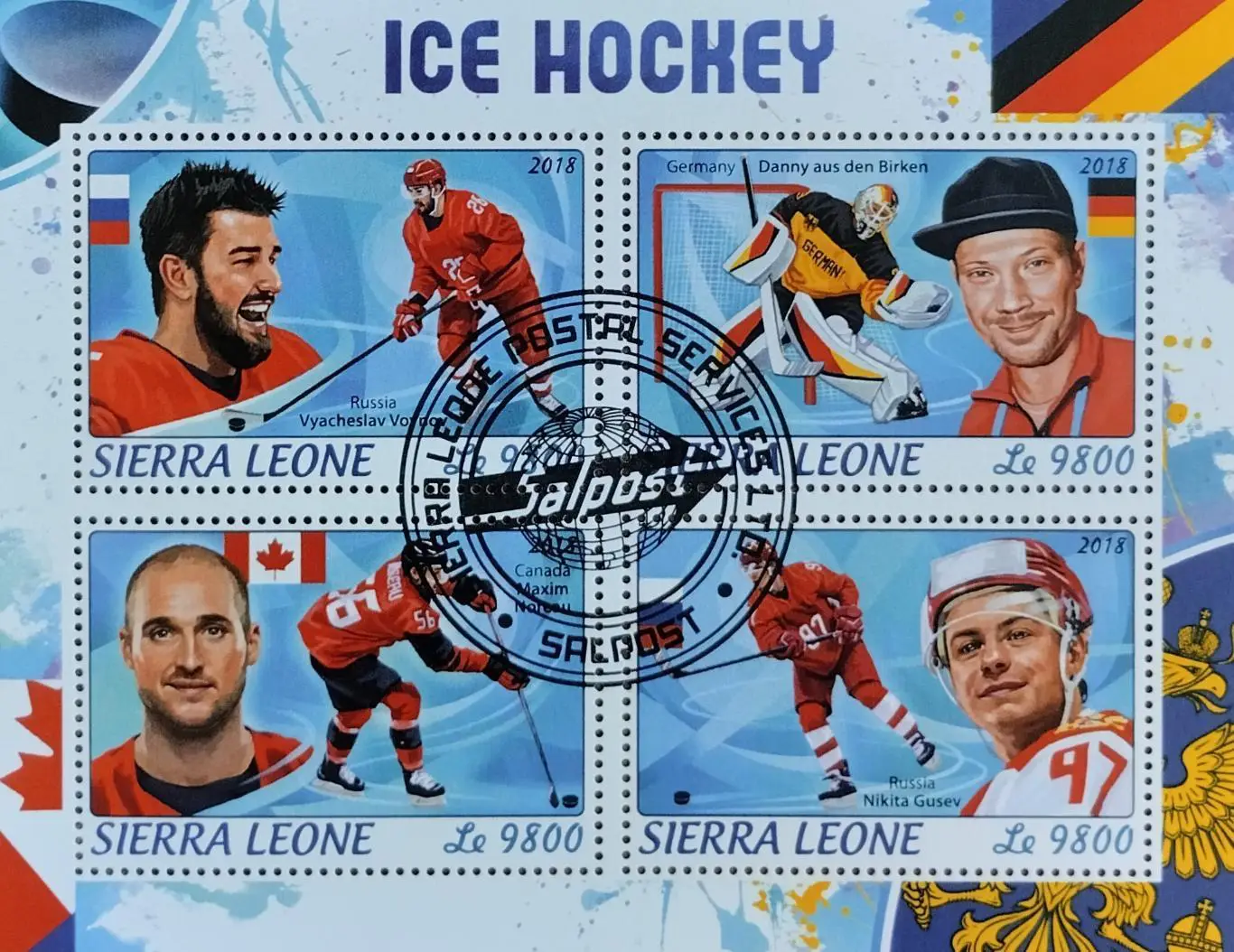 Малый лист. Сьерра-Леоне 2018. Хоккей с шайбой. Войнов. Биркен. Норо. Гусев.
