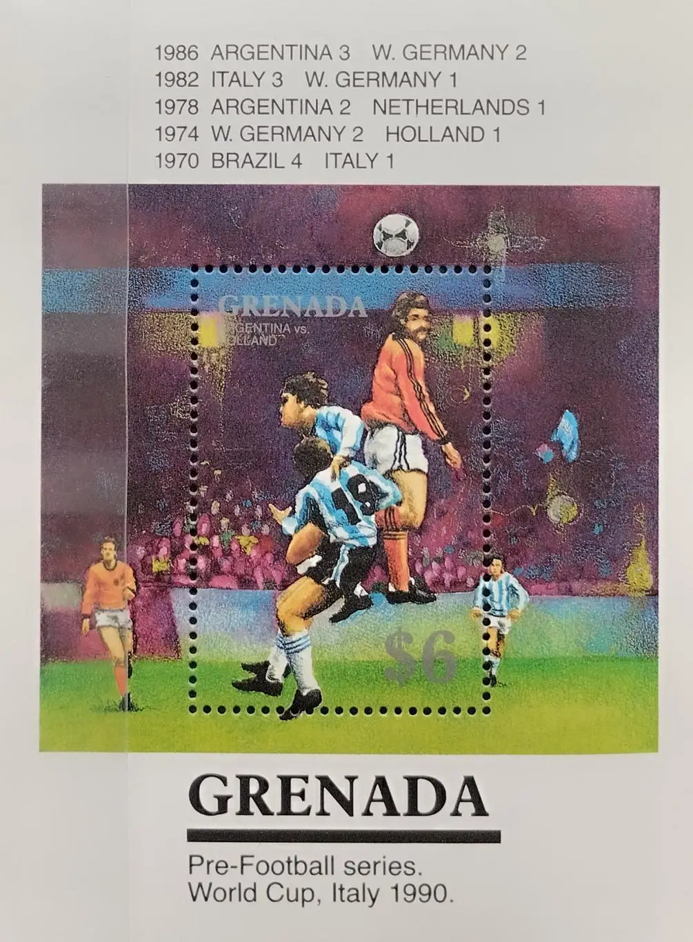 Блок. Гренада 1990. Чемпионат мира по футболу. Италия 1990. Финалы 1970-1986.