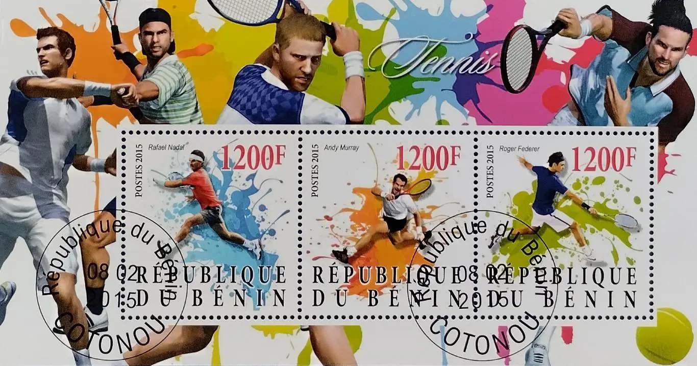 Малый лист. Бенин 2015. Теннис. Рафаэль Надаль. Энди Маррей. Роджер Федерер.