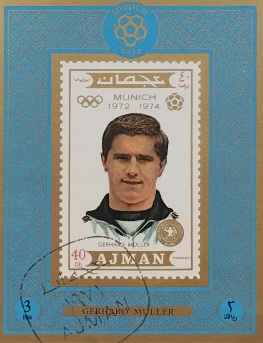 Блок б/з. Аджман 1974. Футбол. Герхард Мюллер. Германия.