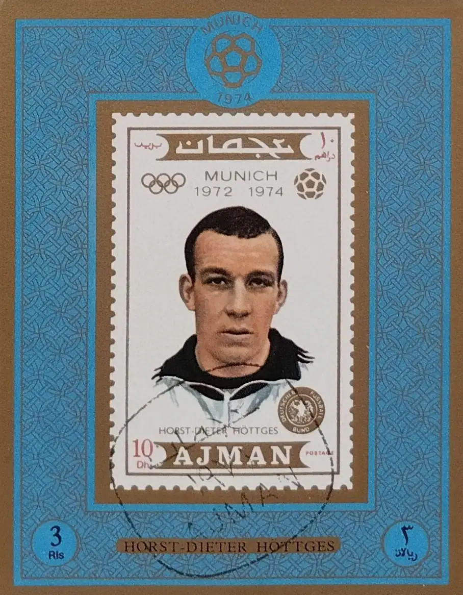 Блок б/з. Аджман 1974. Футбол. Хорст-Дитер Хеттгес. Германия.