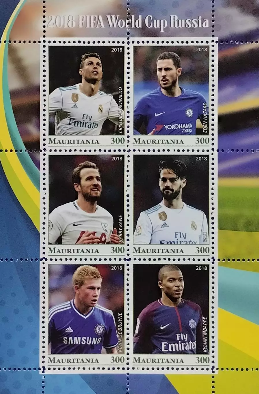 Малый лист. Мавритания 2018. Роналду. Азар. Кейн. Иско. Де Брёйне. Мбаппе.