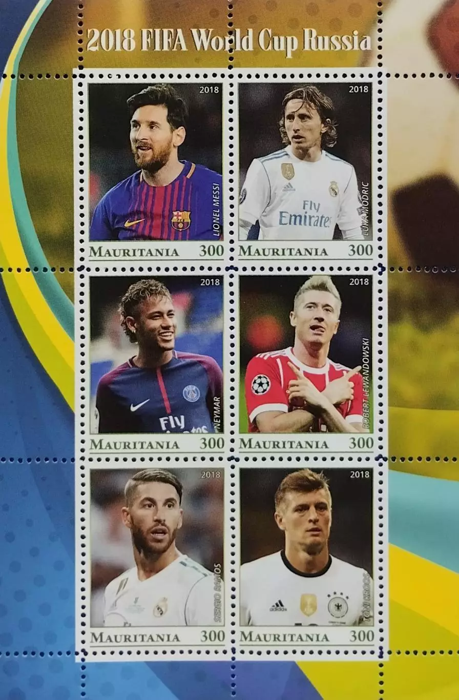 Малый лист. Мавритания 2018. Месси. Модрич. Неймар. Левандовски. Рамос. Кроос.