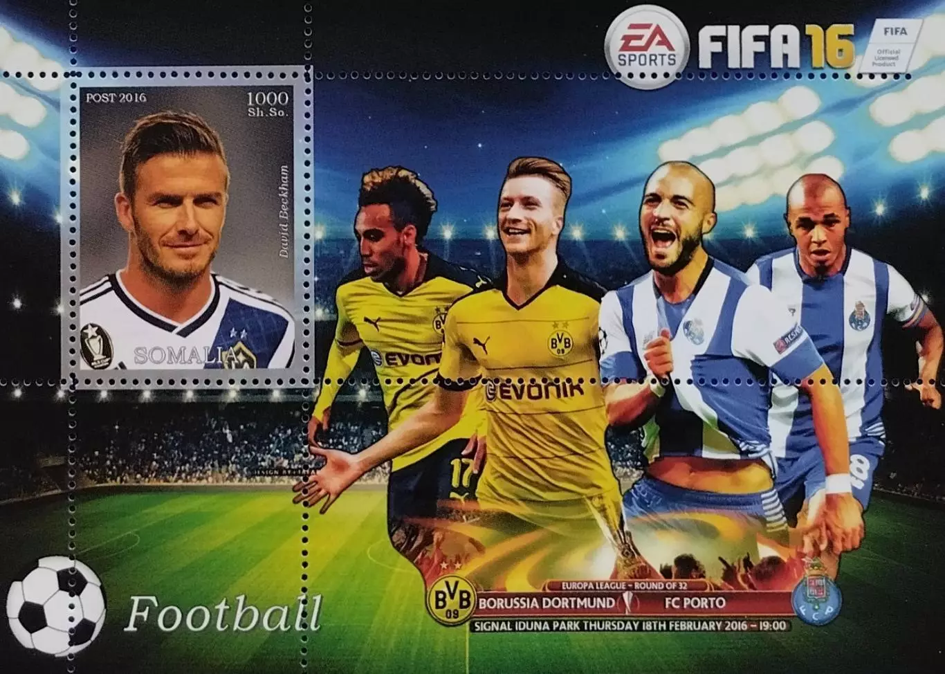 Блок. Сомали 2016. Футбол. Дэвид Бекхэм. 85 руб.