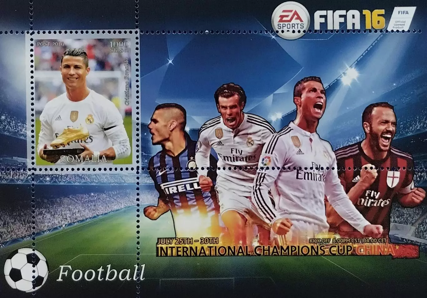 Блок. Сомали 2016. Футбол. Криштиану Роналду. 85 руб.
