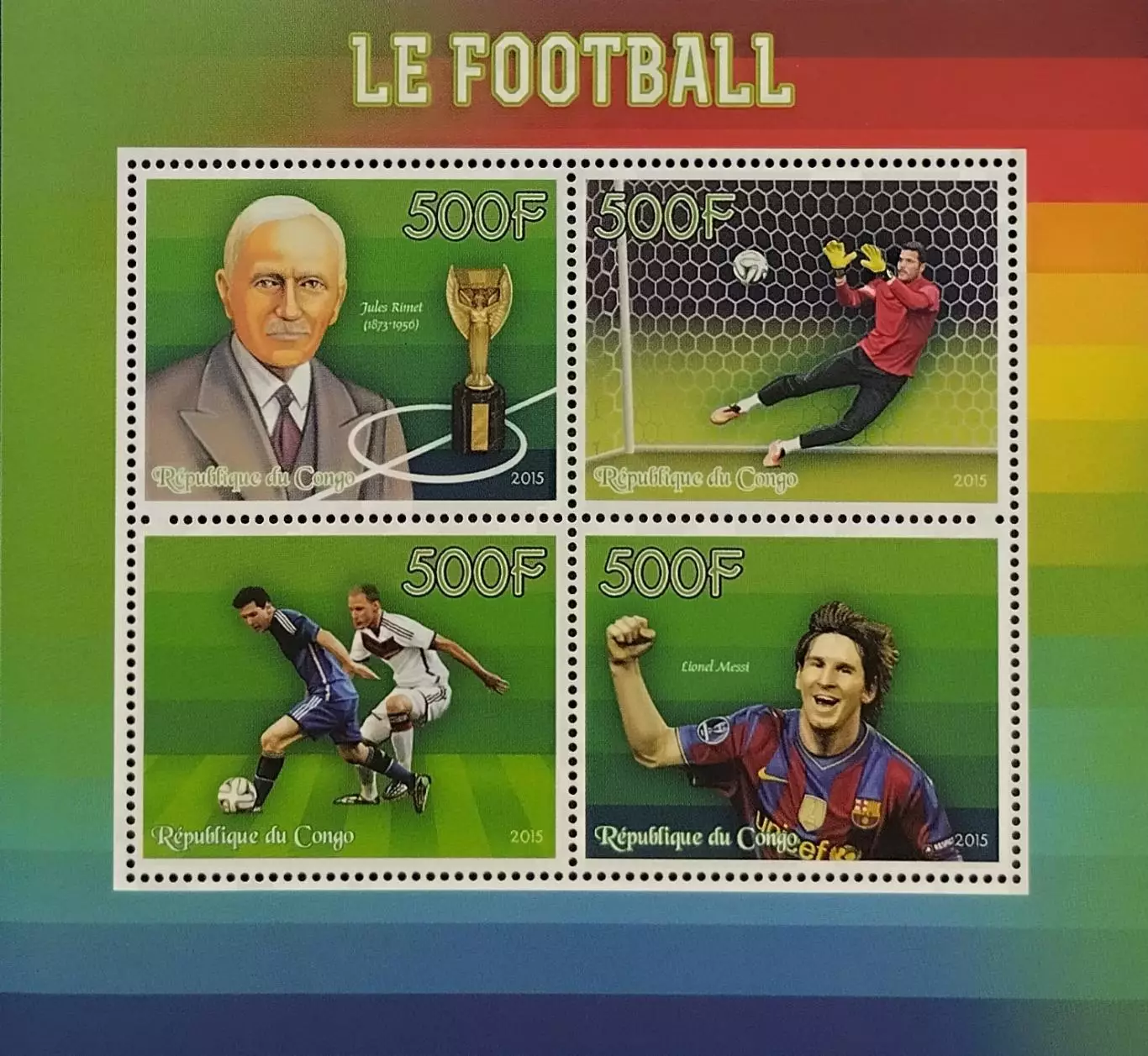 Малый лист. Конго 2015. Футбол. Жюль Риме. Лионель Месси.