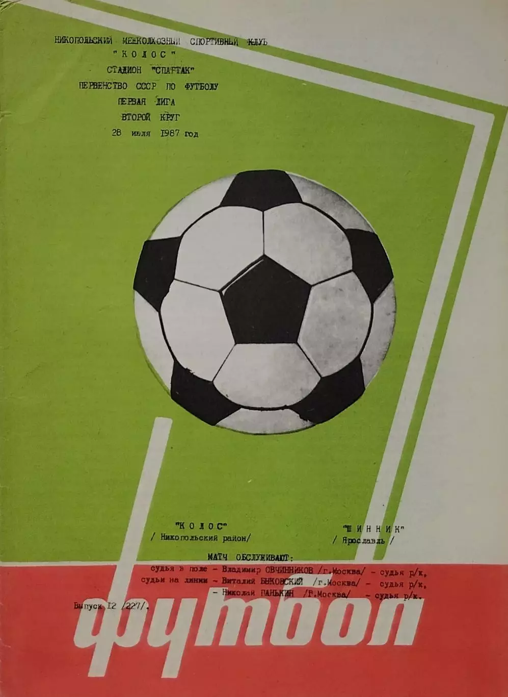 Колос Никополь - Шинник Ярославль - 28.07.1987.