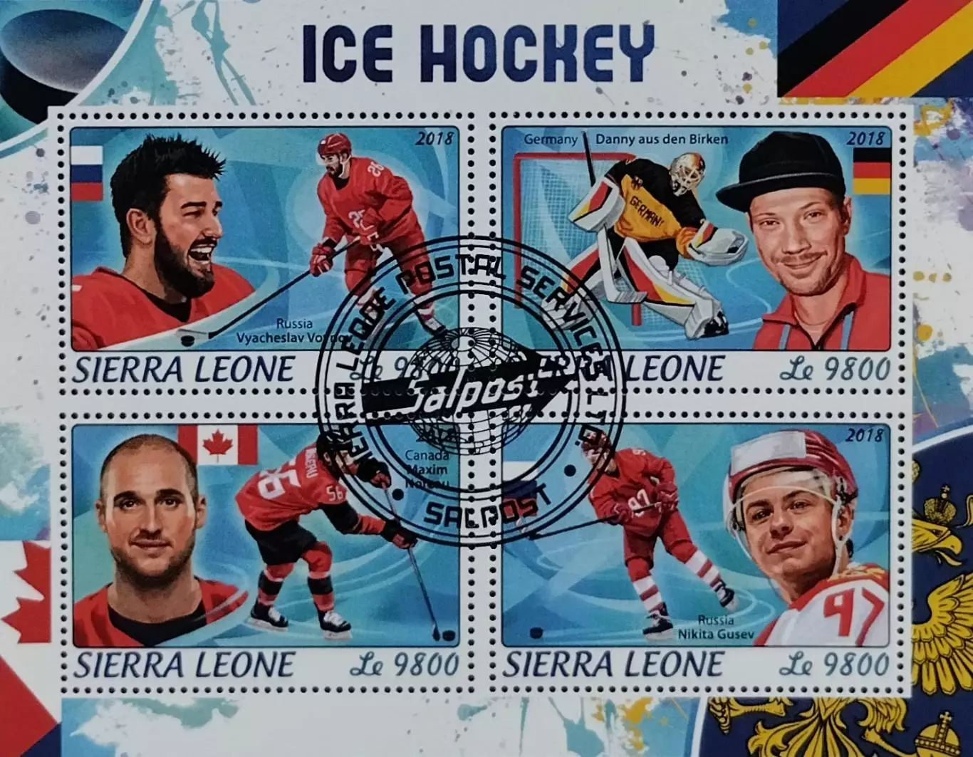 Малый лист. Сьерра-Леоне 2018. Хоккей с шайбой. Войнов. Биркен. Норо. Гусев.