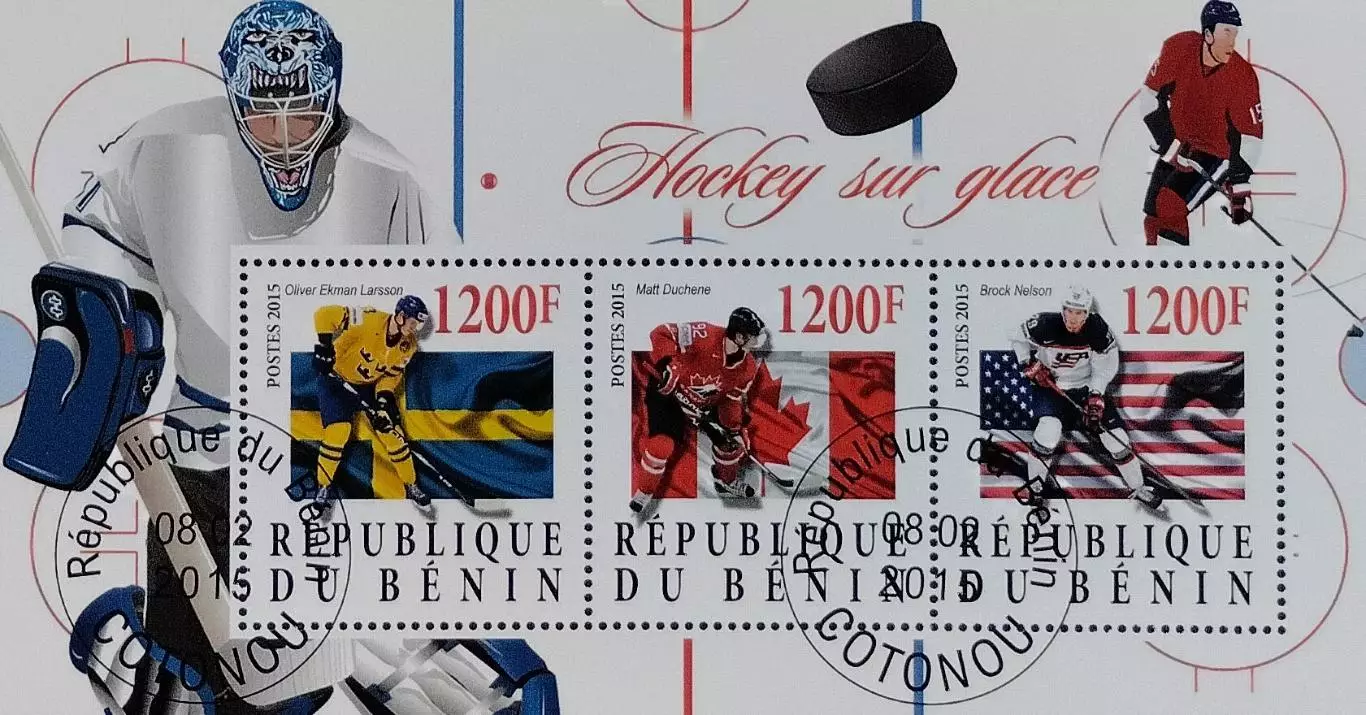 Малый лист. Бенин 2015. Оливер Экман-Ларссон. Мэтт Дюшен. Брок Нельсон. Гашеный.