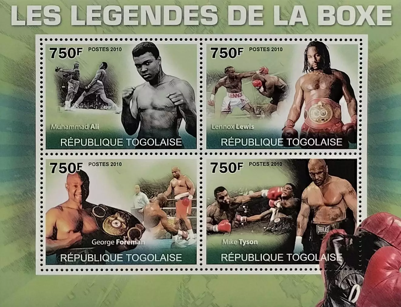 Малый лист. Того 2010. Мухаммед Али. Леннокс Льюис. Джордж Форман. Майк Тайсон.