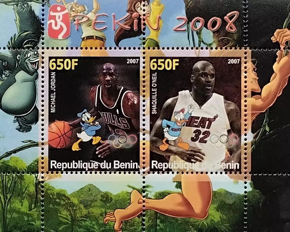 Малый лист. Бенин 2007. Баскетбол. Майкл Джордан. Шакил О’Нил.
