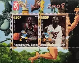 Малый лист. Бенин 2007. Баскетбол. Майкл Джордан. Шакил О’Нил.