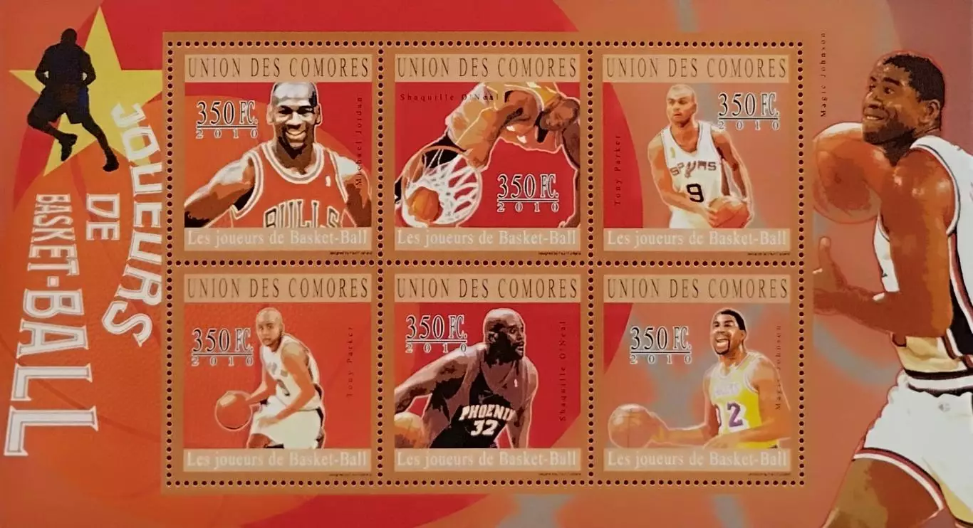 Малый лист. Коморы 2010. Майкл Джордан. Шакил О’Нил. Тони Паркер. Мэджик Джонсон