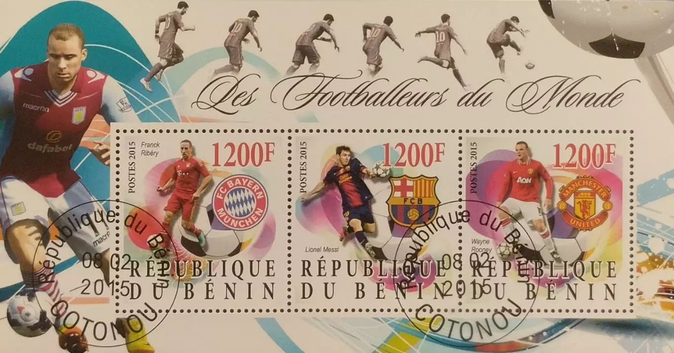 Малый лист. Бенин 2015. Футбол. Рибери. Месси. Руни.