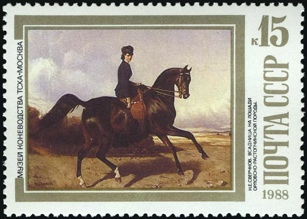 СССР 1988. Н.Сверчков. Всадница на лошади орловско-растопчинской породы.