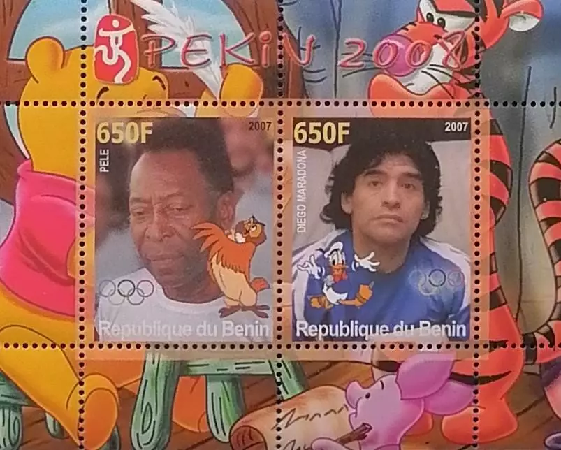 Малый лист. Бенин 2007. Футбол. Пеле. Марадона.
