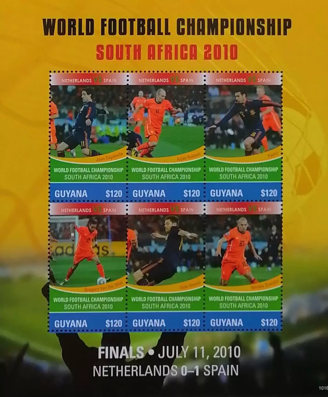 Малый лист. Гайана 2010. ЧМ по футболу. ЮАР 2010. Нидерланды - Испания - 0:1.