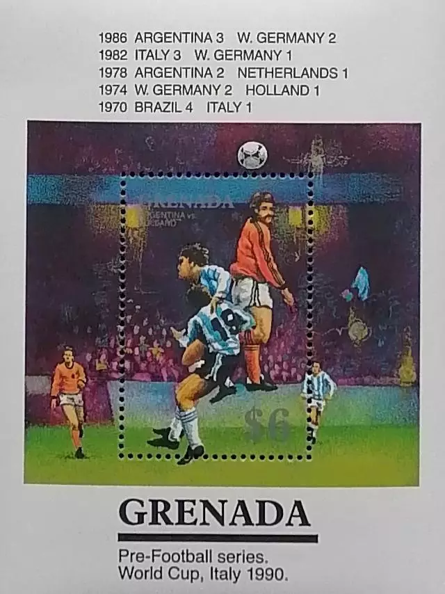 Блок. Гренада 1990. Чемпионат мира по футболу. Италия 1990. Финалы 1970-1986.