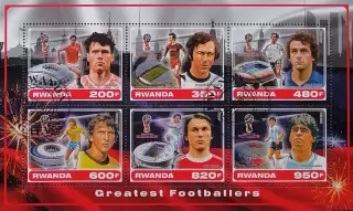 Малый лист Руанда 2017. Ван Бастен. Беккенбауэр. Платини. Зико. Блохин. Марадона