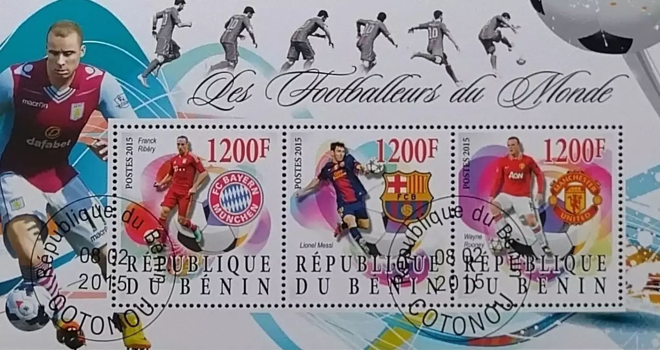 Малый лист. Бенин 2015. Футбол. Рибери. Месси. Руни.