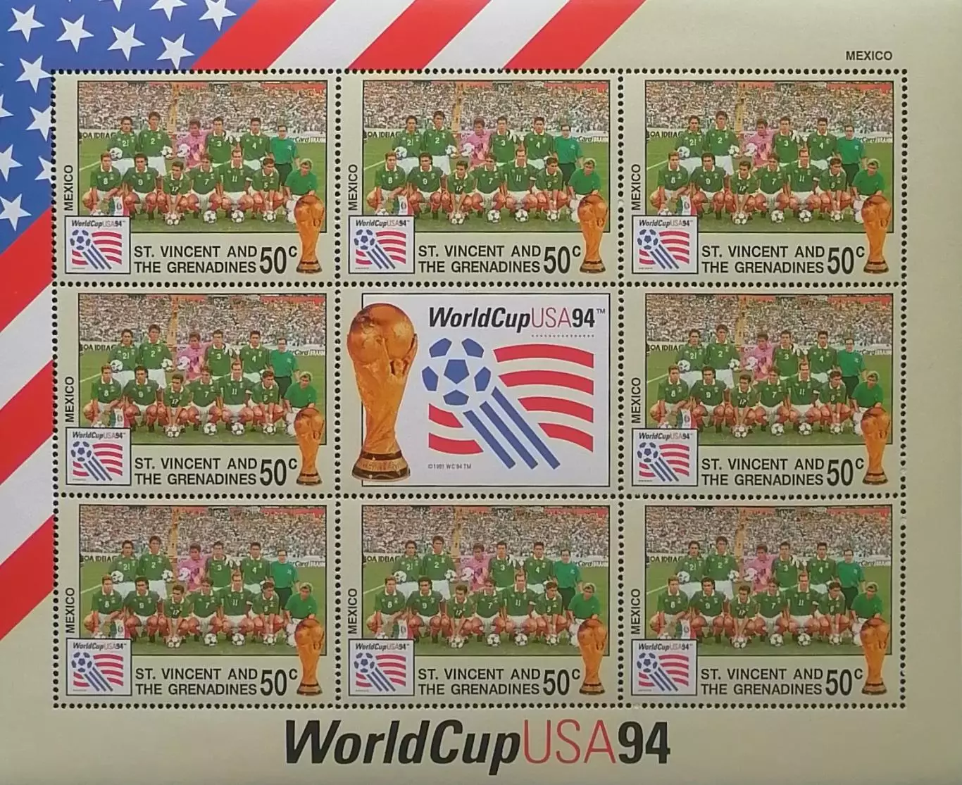 Малый лист. Сент-Винсент и Гренадины 1994. ЧМ по футболу. США 1994. Сб. Мексика.