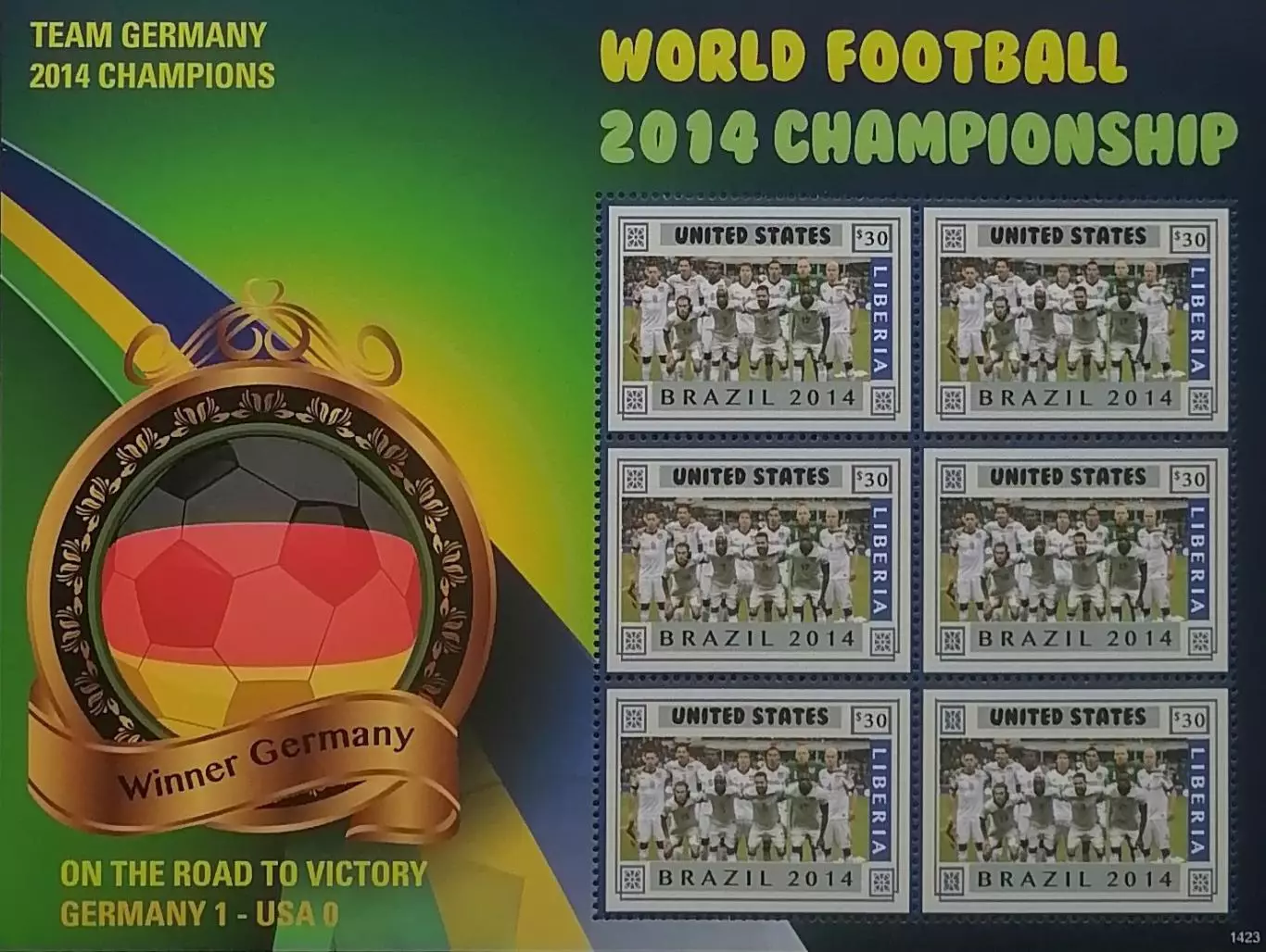 Малый лист. Либерия 2014. Чемпионат мира по футболу. Бразилия 2014. Сб. США.