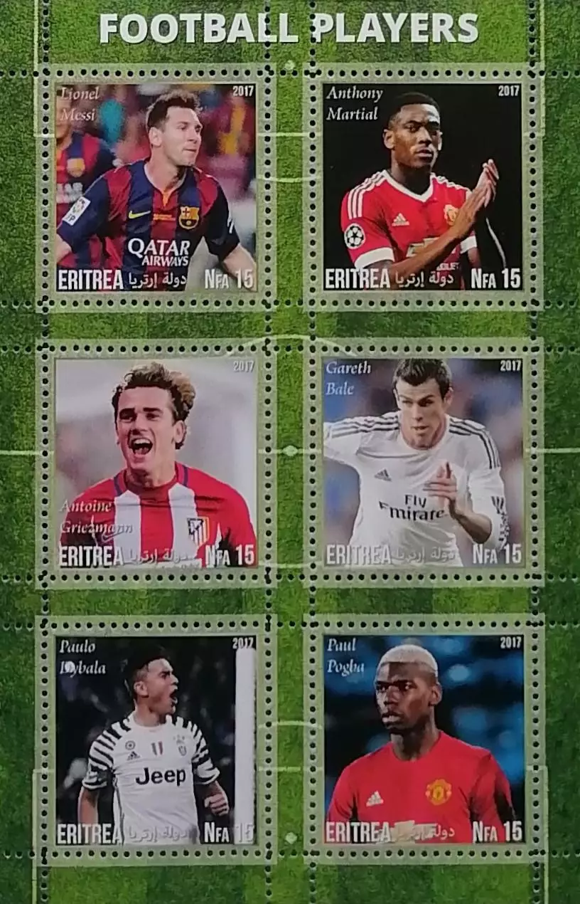 Малый лист. Эритрея 2017. Месси. Марсьяль. Гризманн. Бэйл. Дибала. Погба.